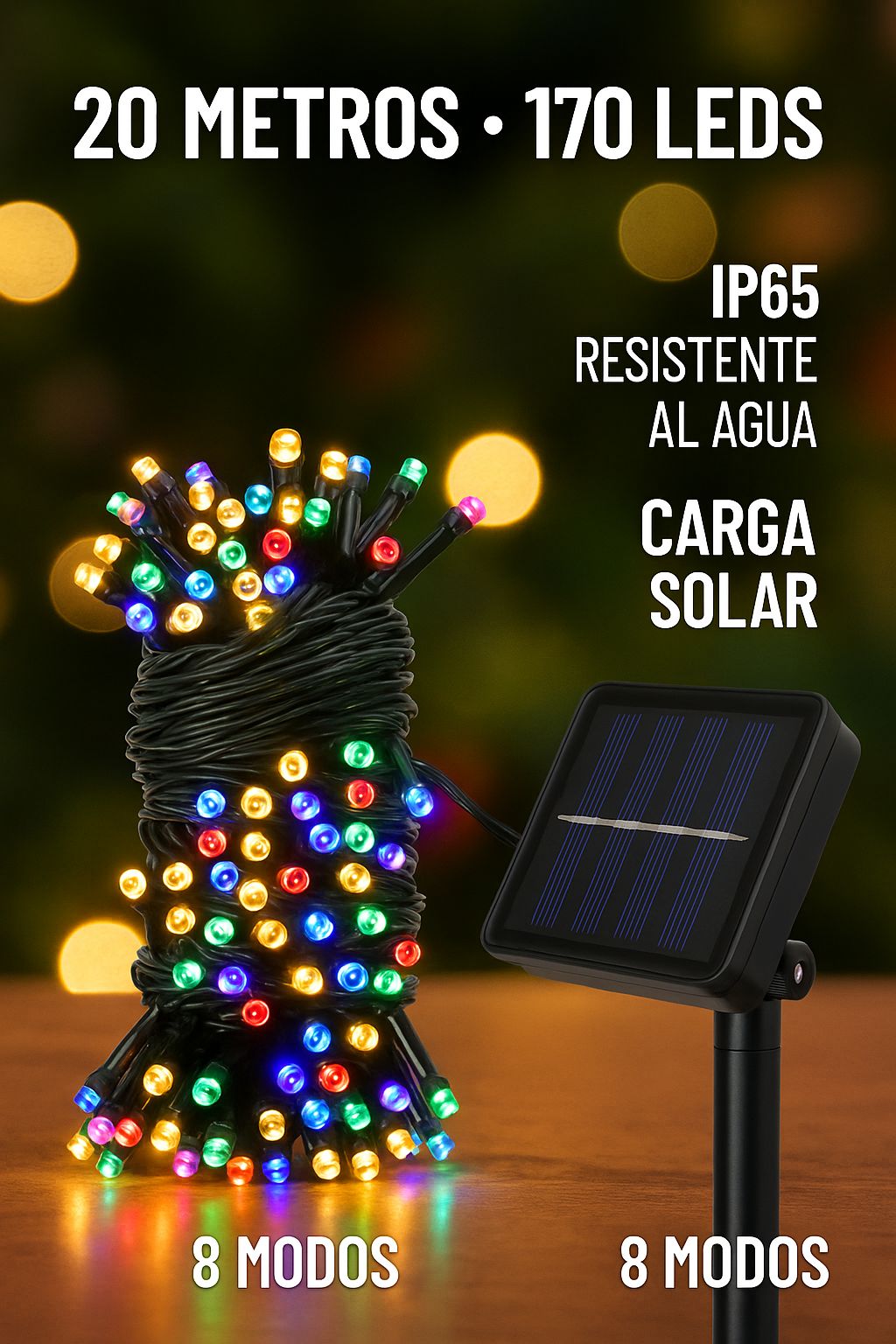Luces Solares Navideñas de 20 Metros y 170 Luces Led🎄(Amarillas y Multicolor)