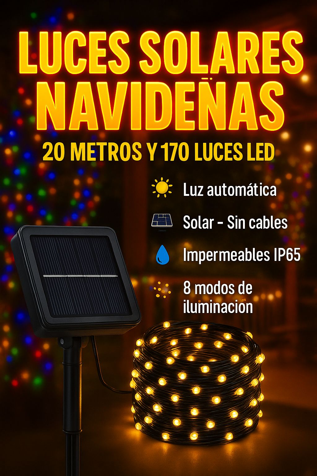 Luces Solares Navideñas de 20 Metros y 170 Luces Led🎄(Amarillas y Multicolor)